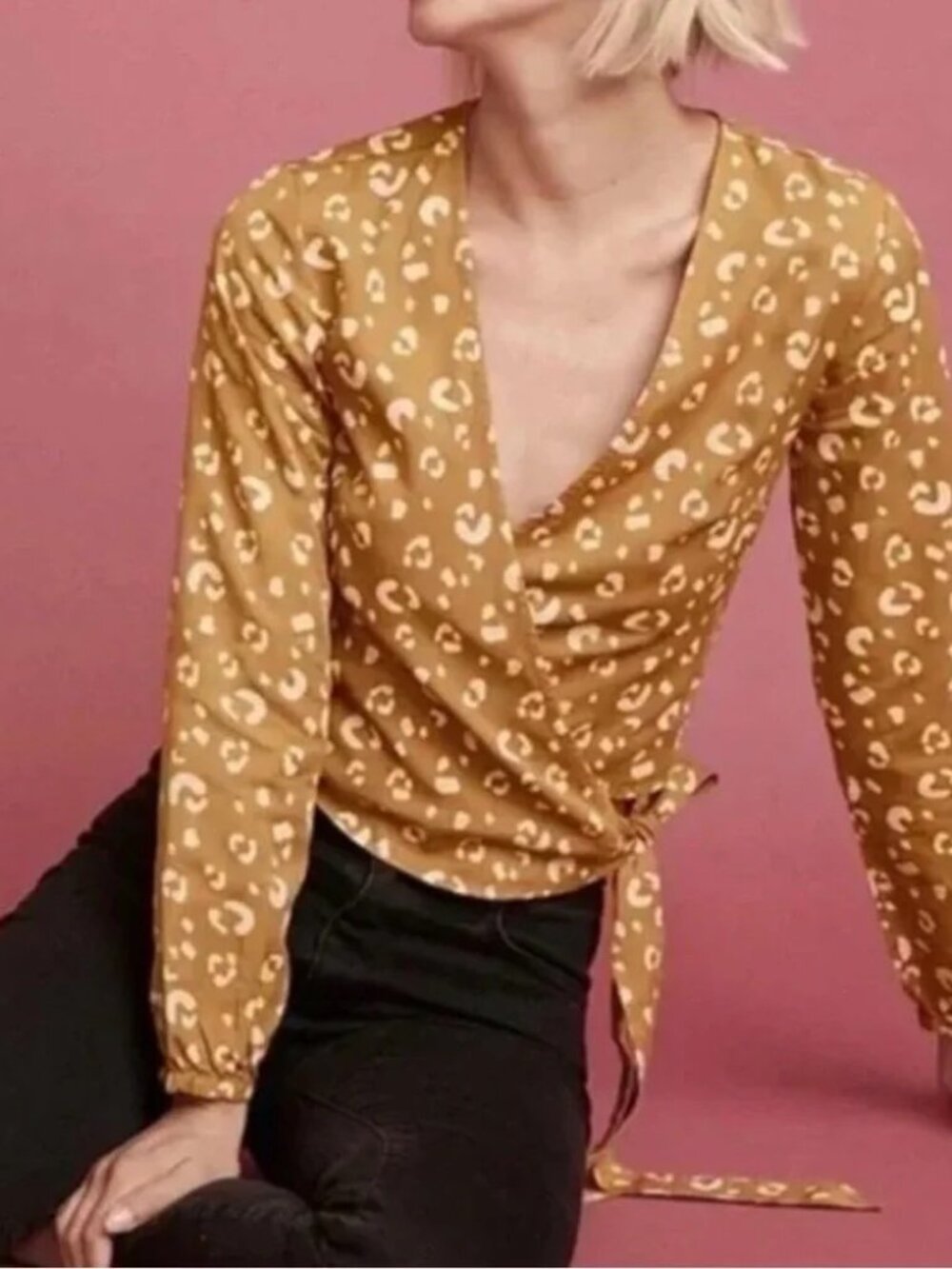 Marine Layer Women's Animal Leopard Print Wrap Blouse Mustard Yellow Size Medium